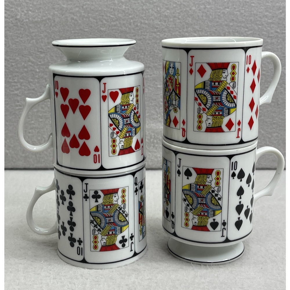 VTG Poker Coffee Mugs Set Footed Royal Flush Playing Cards Red Black MCM